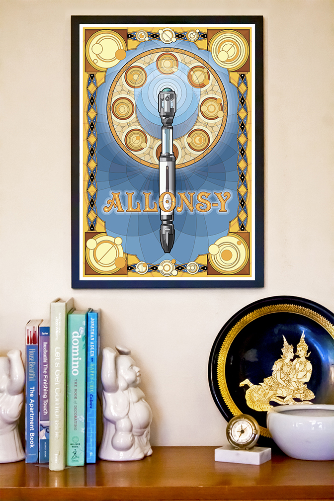 Newly created art nouveau inspired sonic screwdriver based on the Tenth Doctor&#8217;s Mark VII design. TARDIS blue and gold color scheme with multiple Gallifreyan glyphs sued as design elements. Poster is complete with the common tenth doctor catch-phrase "Allons-y". 